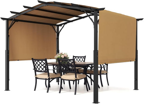 10 x 10 ft Outdoor Pergola, Arched Top Metal Pergola, Retractable Pergola with Sun Shade Canopy, Large Patio Shelter Pavilion, Heavy Duty Garden Pergola for Deck Backyard Porch Poolside