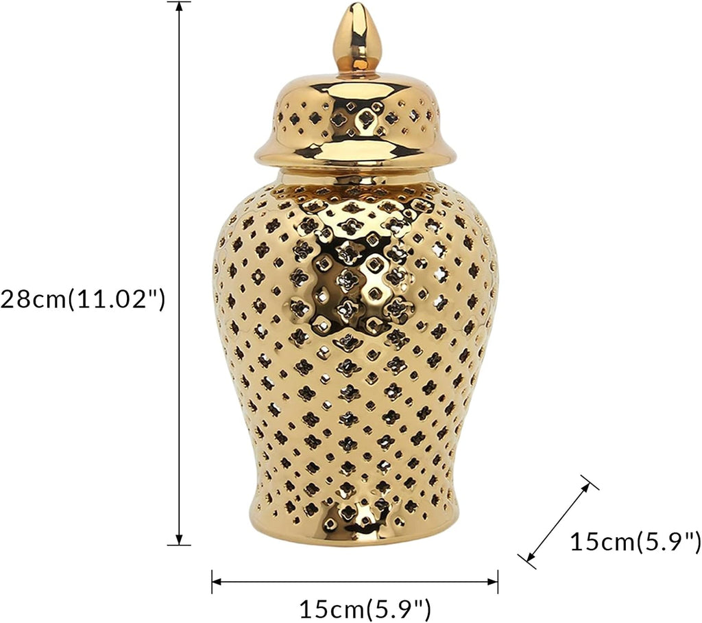 Ceramic Ginger Jar, Light Luxury Pierced Gold Collectable Decorative Lattice for Ornament Home Decoration Cafe Gift