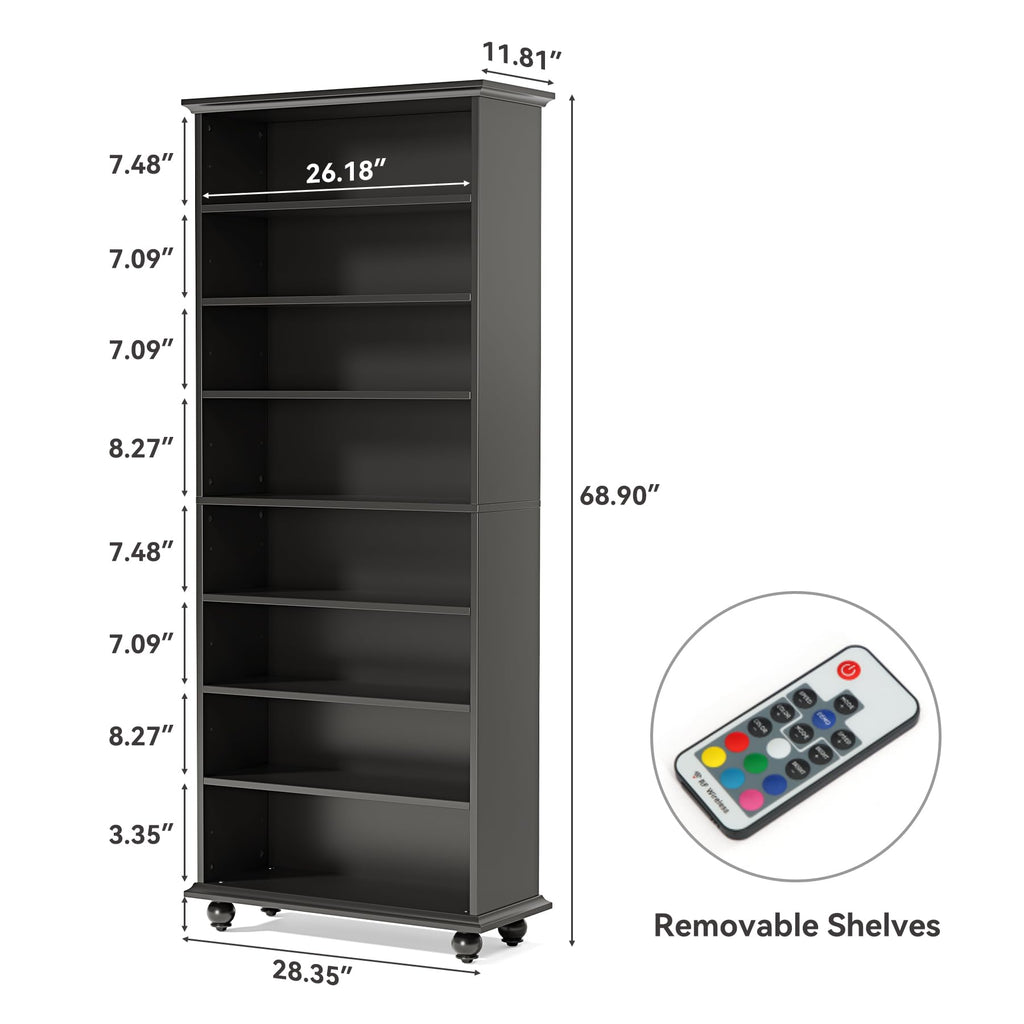 69-Inch Tall Shoe Cabinet with LED Light Strip & Adjustable Shelves, Black Wooden 8-Tier Shoes Display Cabinet for 26