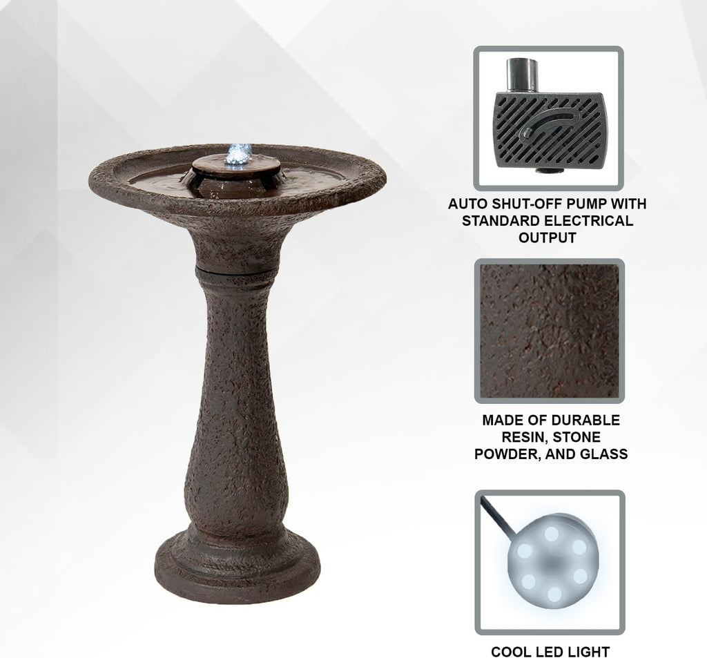 23.43" Tiered Freestanding Classic Bird Bath Outdoor Water Fountain Resin with Auto Shut-Off Pump, Garden Decor