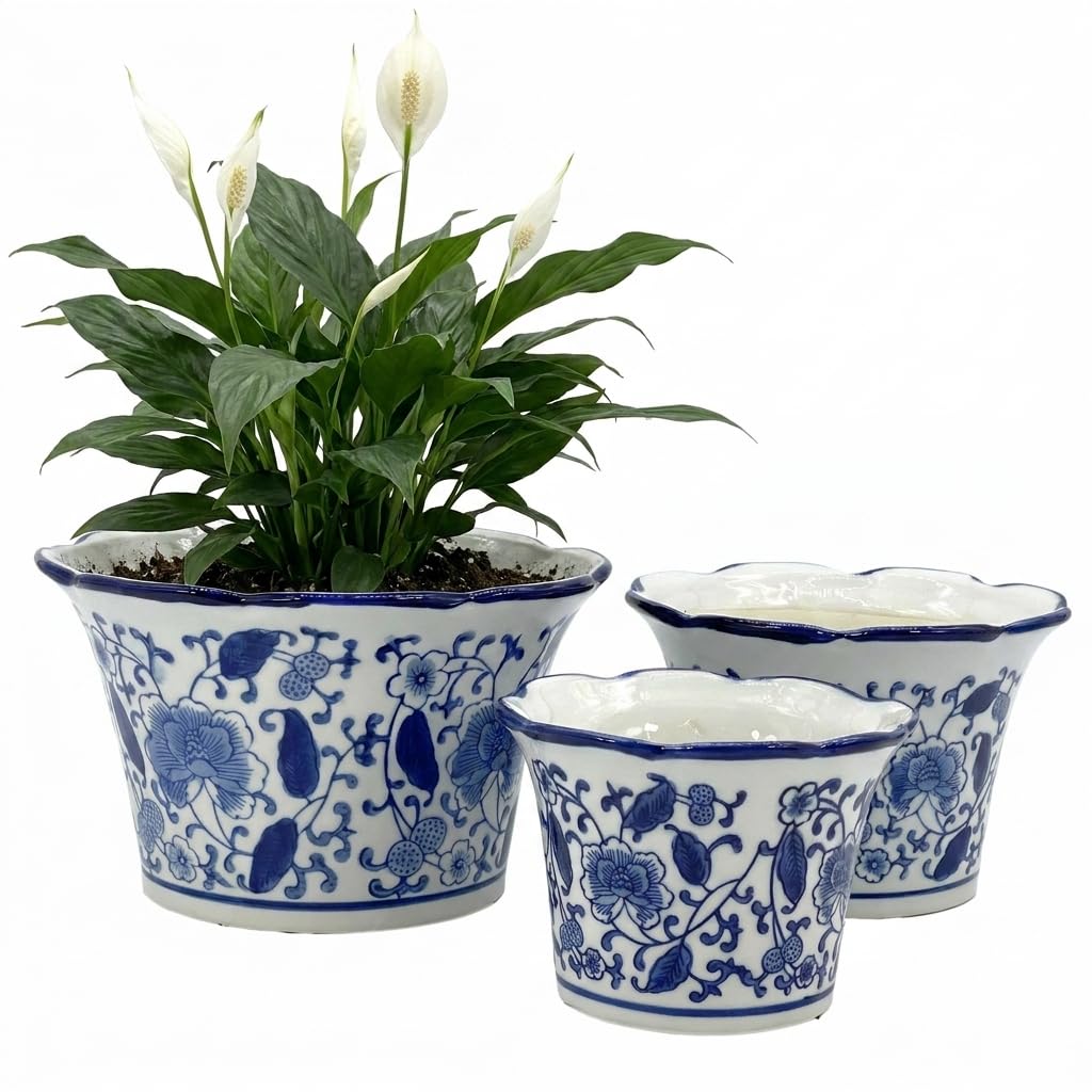 Blue & White Floral Porcelain Ceramic Decorative Flower Pot 8"/6"/4.5" Garden Pots Chinese Asian Design - Set of 3