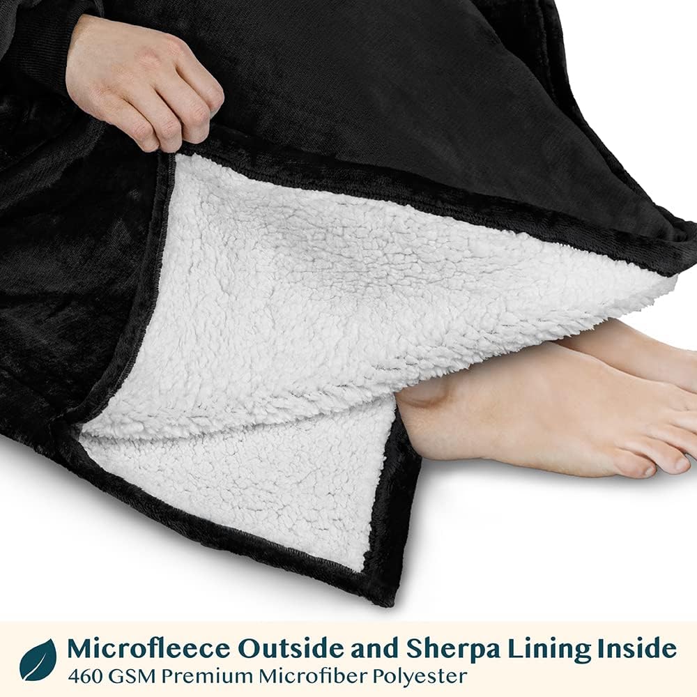 Blanket Hoodie for Women Black, Sherpa Wearable Blanket Men, Cozy Oversized Sweatshirt Blanket, Warm Fleece Hooded
