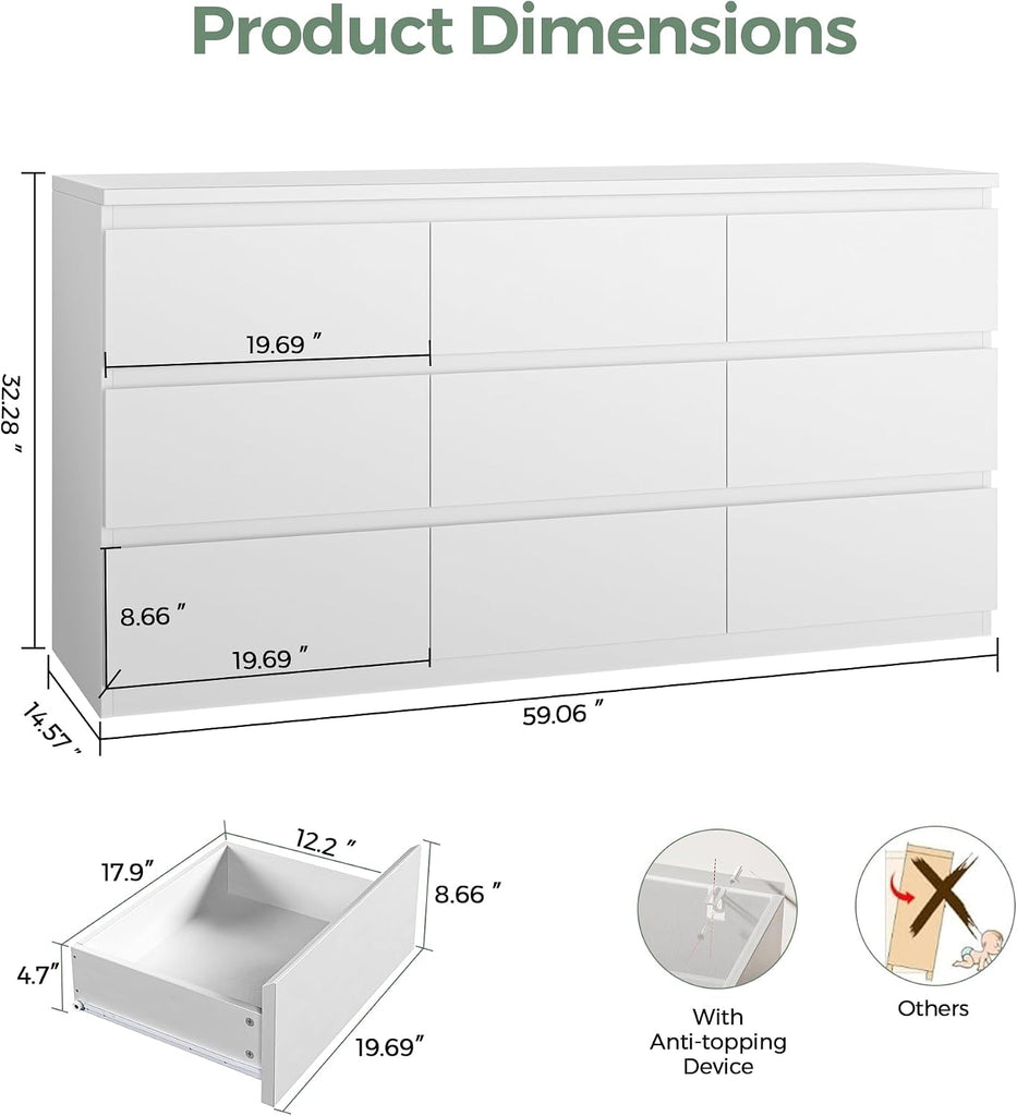 White 9 Drawer Dresser ,Modern Wood Dressers & Chest of Drawers with No-Handle Design, Long Dressers for Closet