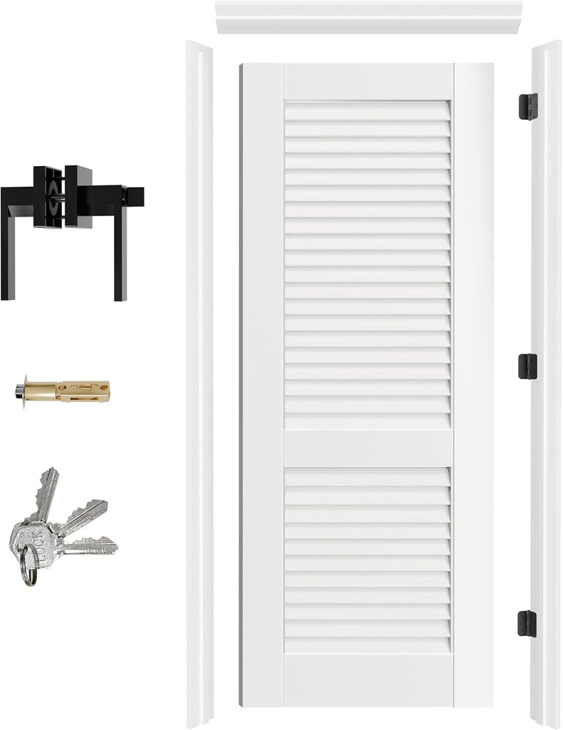 Prehung Door, Louver-Panel Door Slab with Door Jamb Hardware Kit & Black Door Lever, 30" x 80" Interior Door for