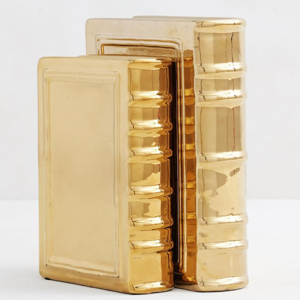 Ceramic Book Set of 2, Gold | Pair of Books Sculptures, Elegant Shelf & Table Decor