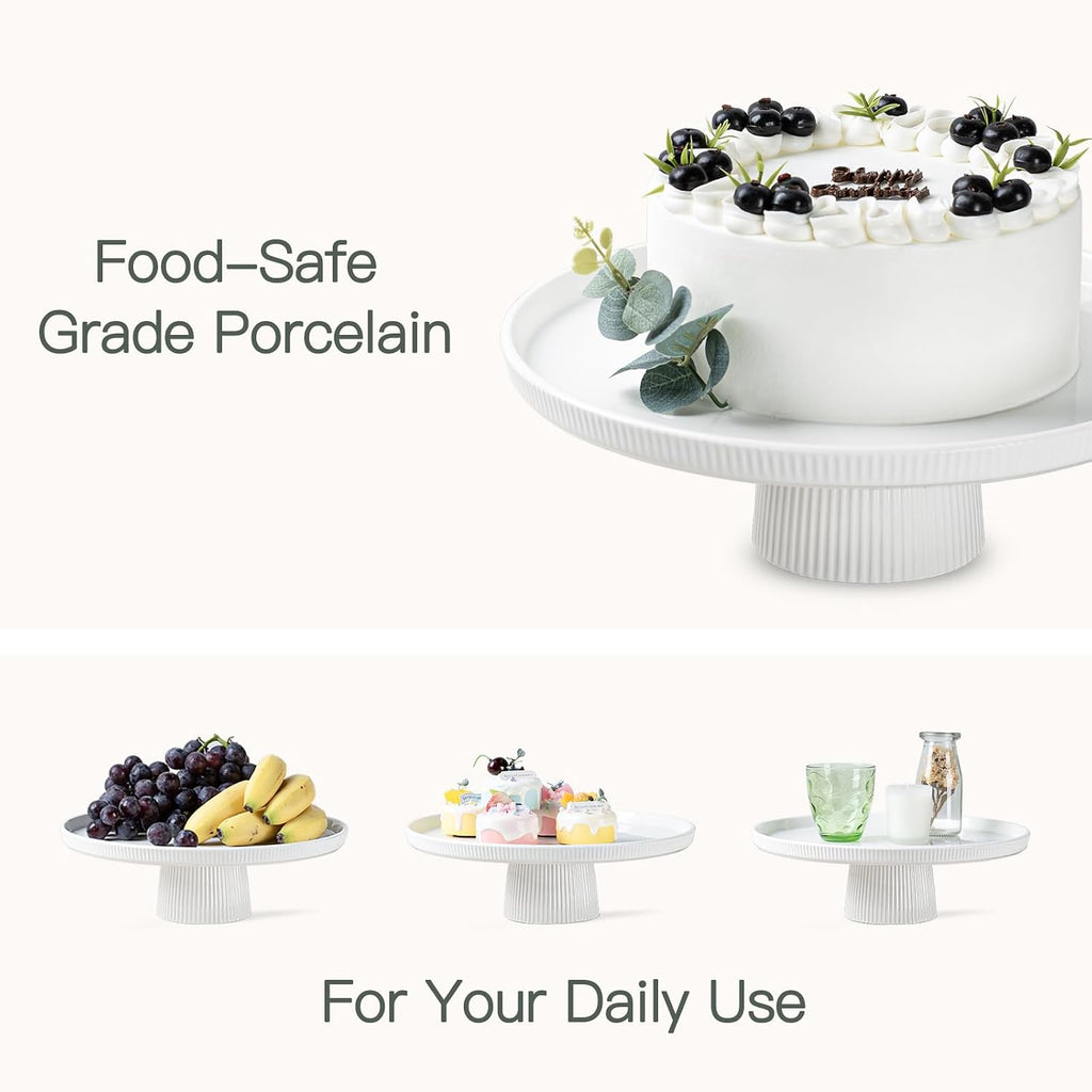 13 Inch Ceramic Cake Stand with Pedestal - White Round Cake Plate for Dessert Table Display, Elevated Cupcake Stand