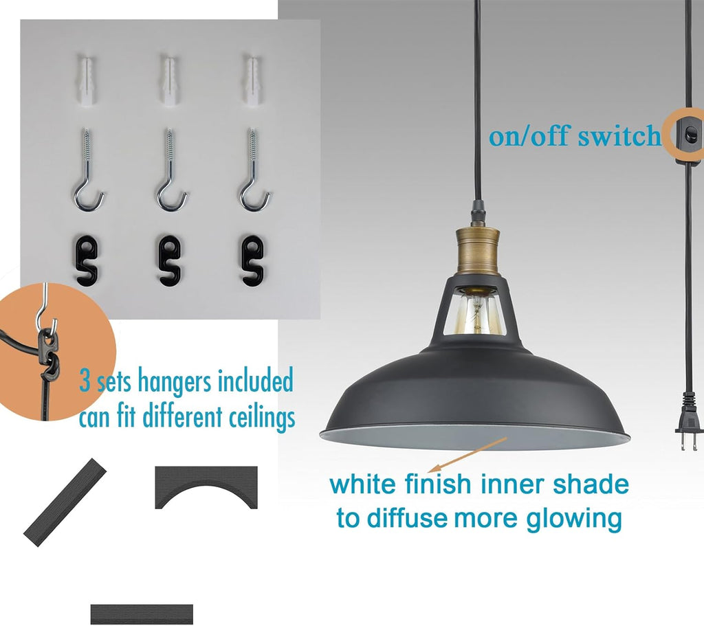 Black Plug-in Pendant Light Metal Barn Lights with On/Off Switch | 197 Inches Cord Renter Friendly Height Adjustable