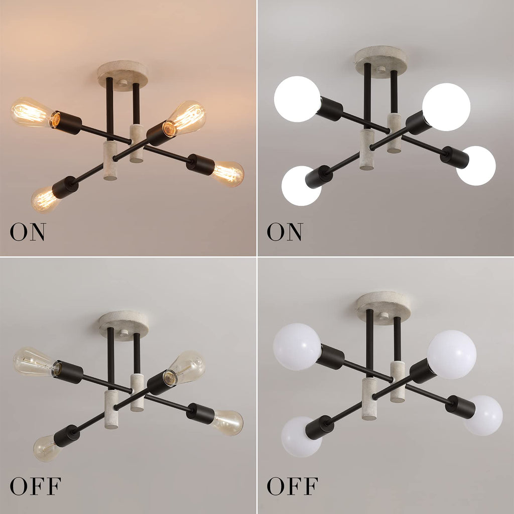 Farmhouse Ceiling Light Fixtures, Oak+Black, 4-Lights Rustic Vintage Metal Sputnik Chandelier Living Room Dining Room