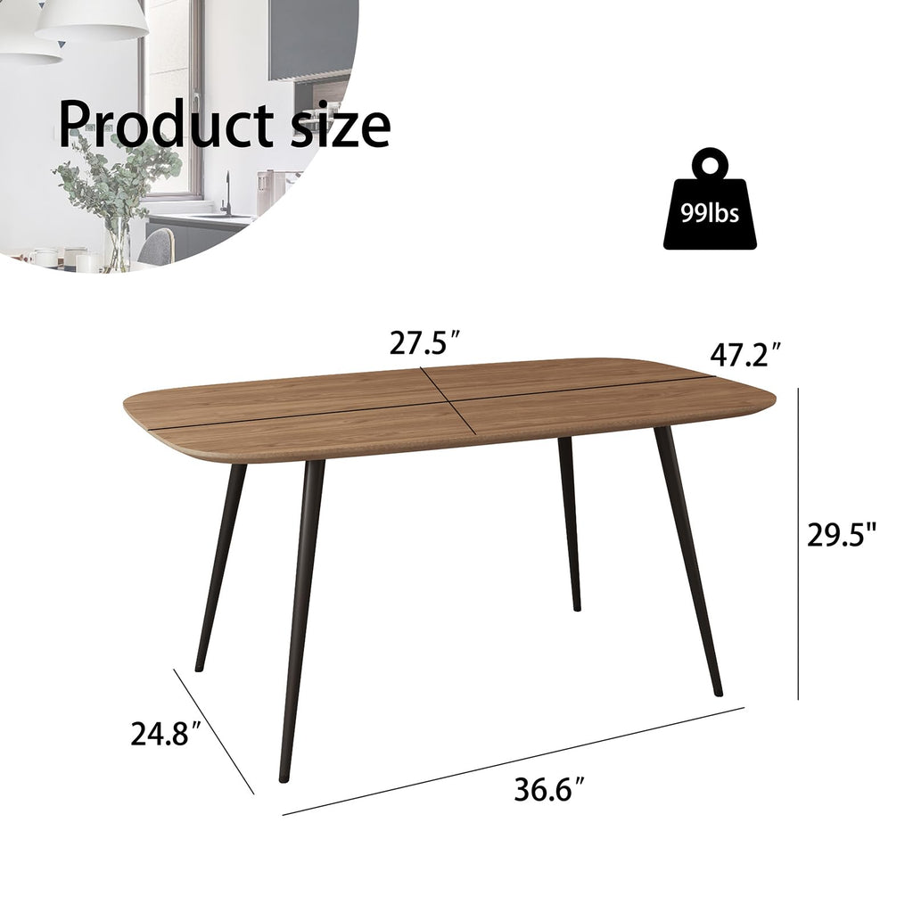 47.2" Modern Farmhouse Dining Table, Wooden Rectangular Dining Table with Metal Legs for 4-6 People (Walnut Color