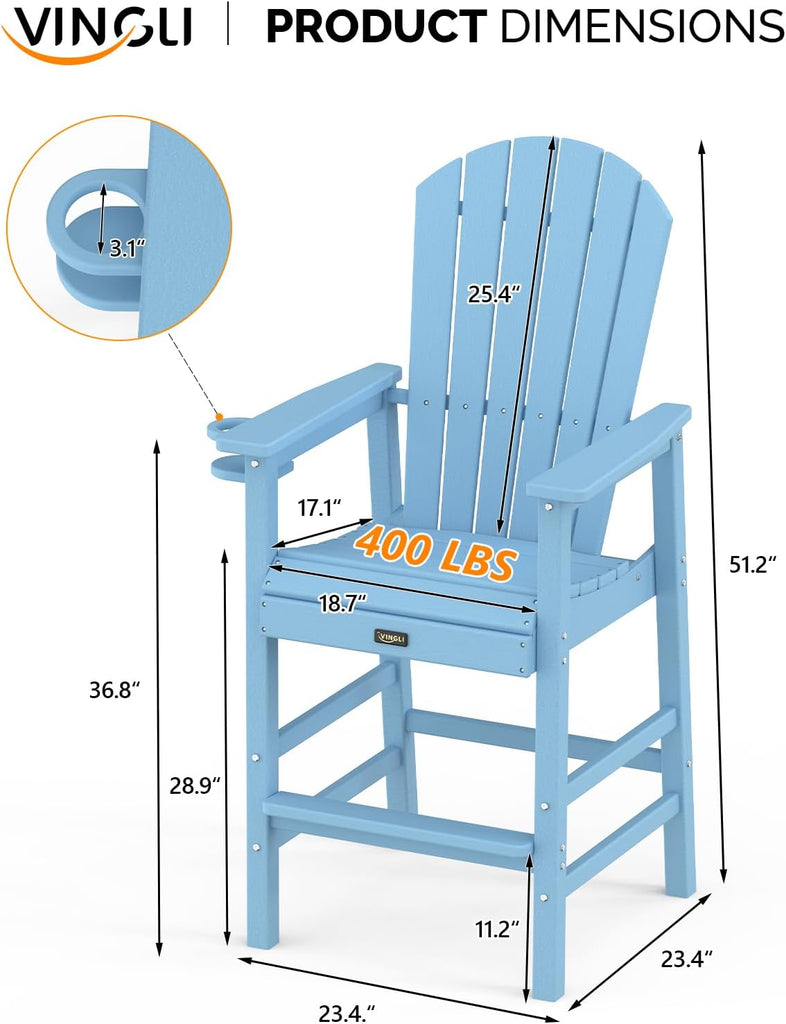 Tall Adirondack Chairs Set of 2, All-Weather Plastic Adirondack Chair with Cup Holders, Heavy-Duty HDPE Outdoor Bar