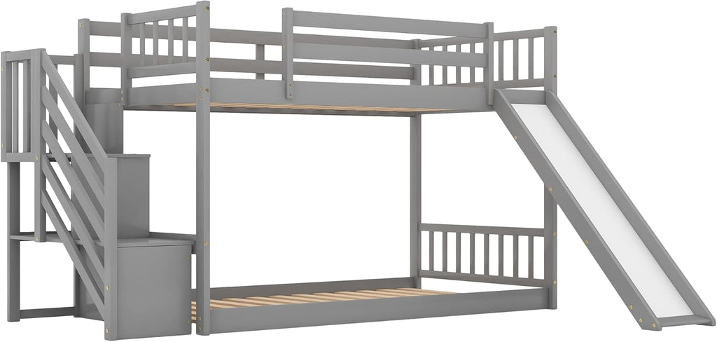Twin Over Twin Bunk Bed with Slide and for Storage Staircase for Teens, Boys or Girls, No Box Sping Needed