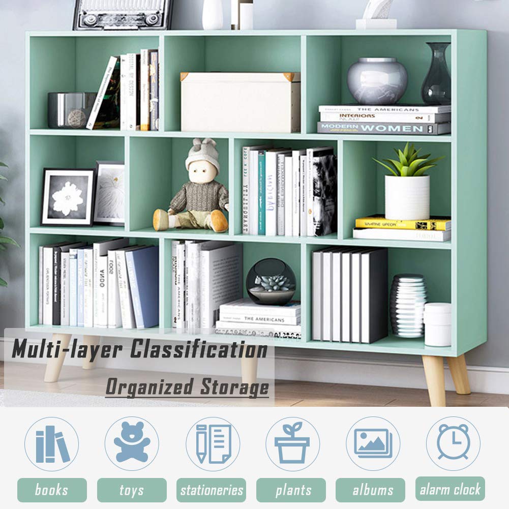 Wooden Open Shelf Bookcase - 3-Tier Bookshelf with Leg, Tiffany-Green