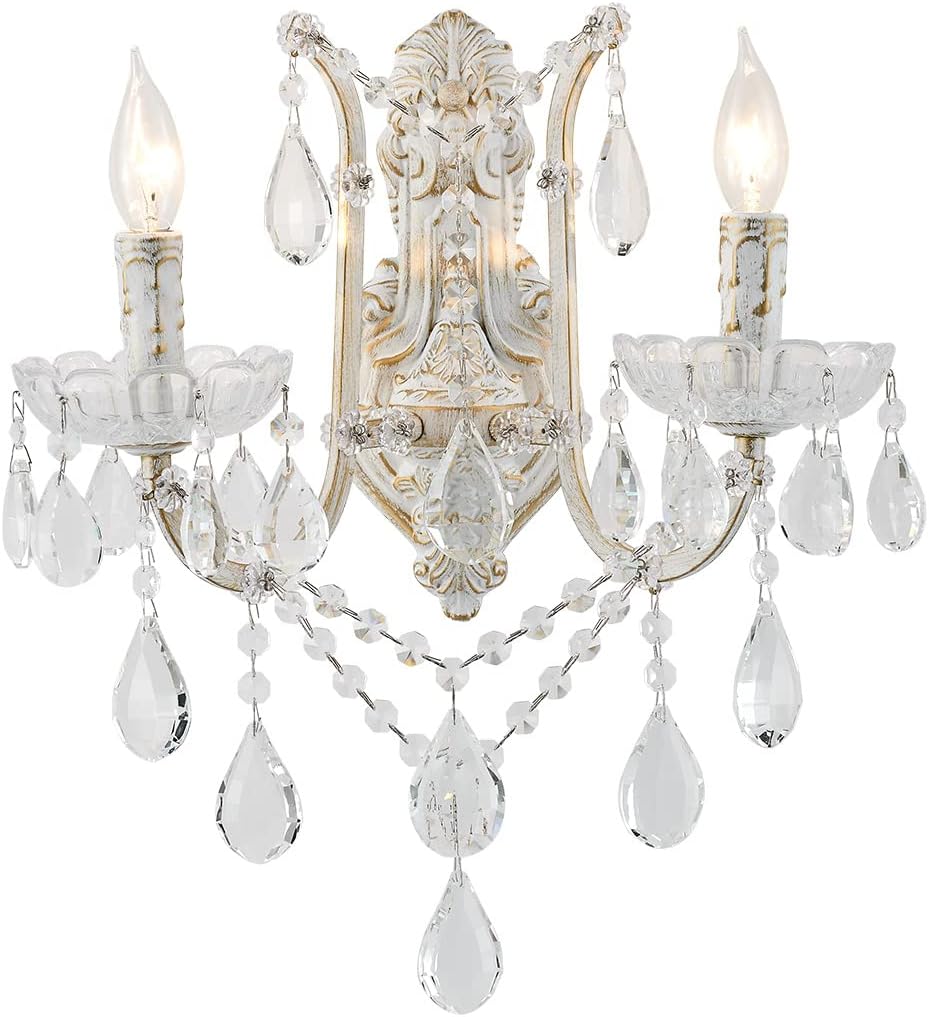 French Country Crystal Wall Sconce, 2-Light Distressed White Gold Candle Style with Teardrop Crystals, Hardwired