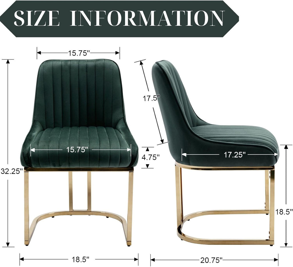 Velvet Dining Chairs Set of 2 Green Upholstered Dining Room Chairs with Gold Legs Modern Armless Kitchen Chairs with