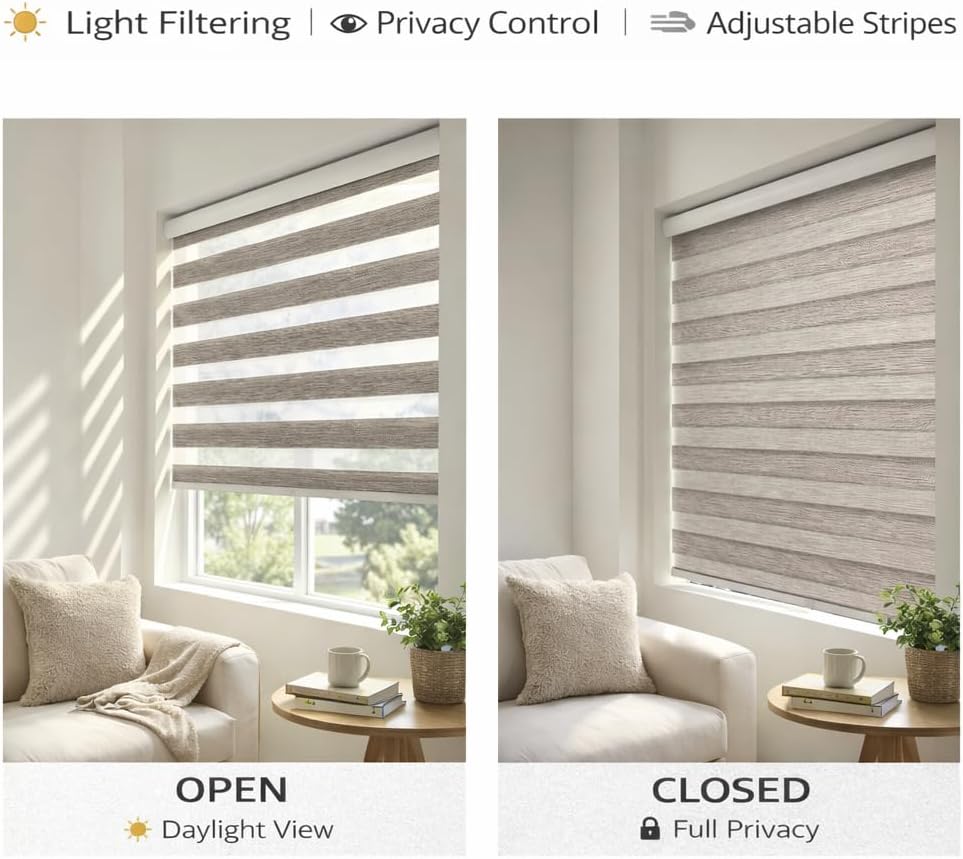 Cordless Zebra Blinds Roller Shades, Grey, 21.5" W x 72" H