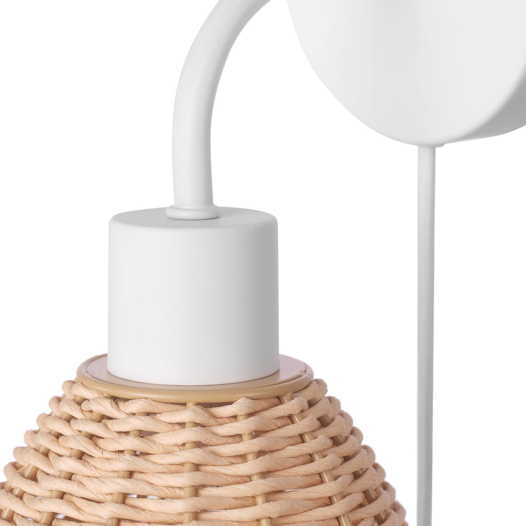 Briar 1-Light Plug-in or Hardwire Wall Sconce, Matte White, Rattan Shade, 6ft White Braided Fabric Designer Cord