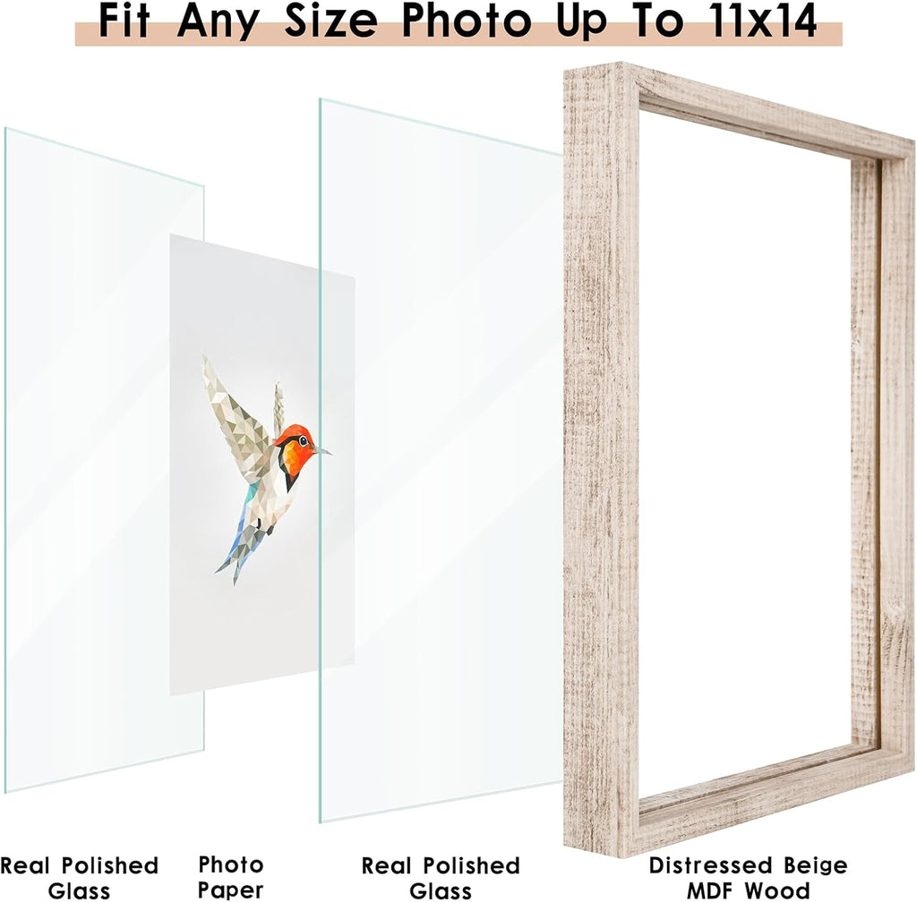 11x14 Floating Frames Distressed Beige White Wood Pattern,Double Glass Picture Frame Set of 2 Display Any Size Photo