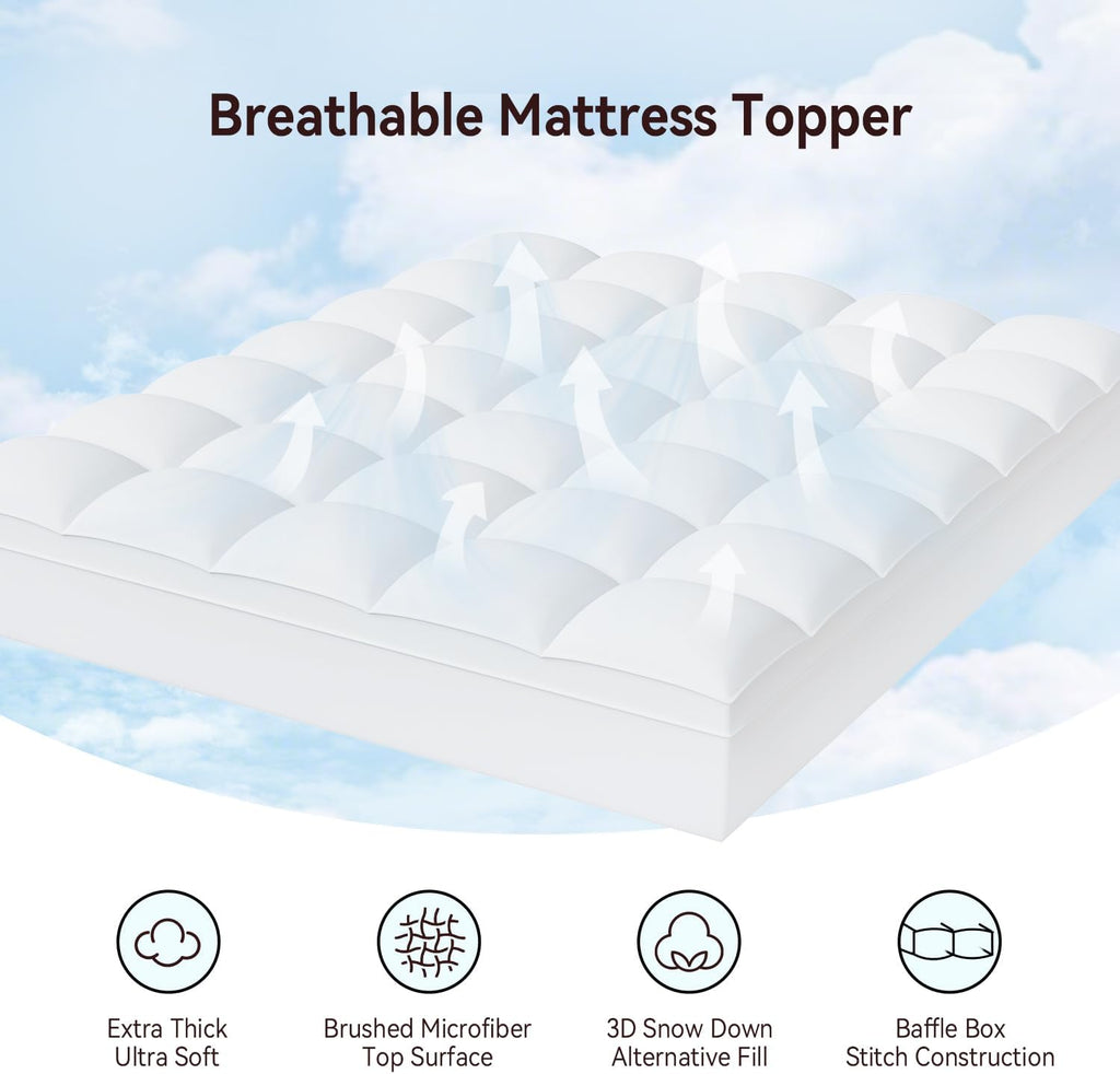 Full Mattress Topper, Thick Pillow Top Mattress Pad, Plush Comfort | Full Size Bed Topper with Deep Pocket