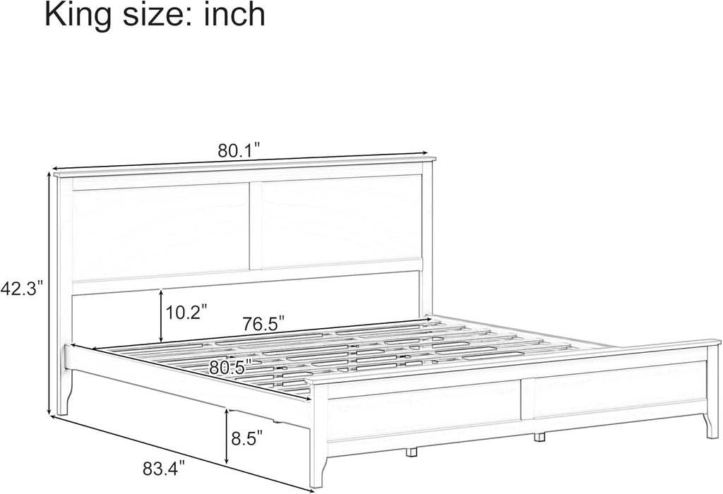Modern Farmhouse Platform King Bed Frame, Solid Wood Platform Bed Frame with Headboard, Sturdy Wooden Foundation with