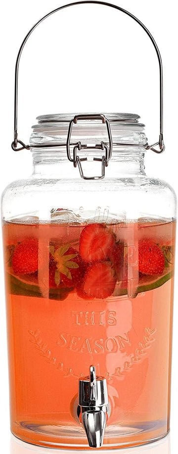With Spigot, Cold Drink Ice Tea Dispenser with Trigger Clamp Locking Lid, Glass Mason Jar Lemonade Liquid Pitcher