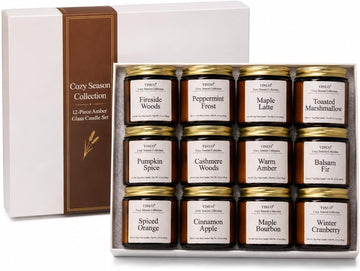 12-Piece Fall & Winter Scented Candle Gift Set, 3.5 oz Each | 12 seasonal scents in amber glass jars, soy wax and