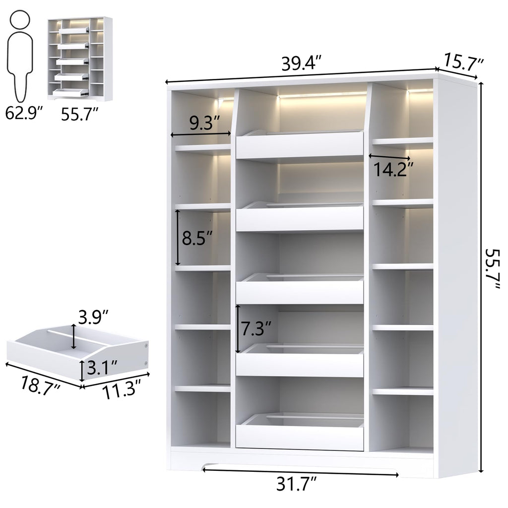 Shoe Storage Cabinet with 5 Storage Drawers, 12 Open Shelves and LED Light