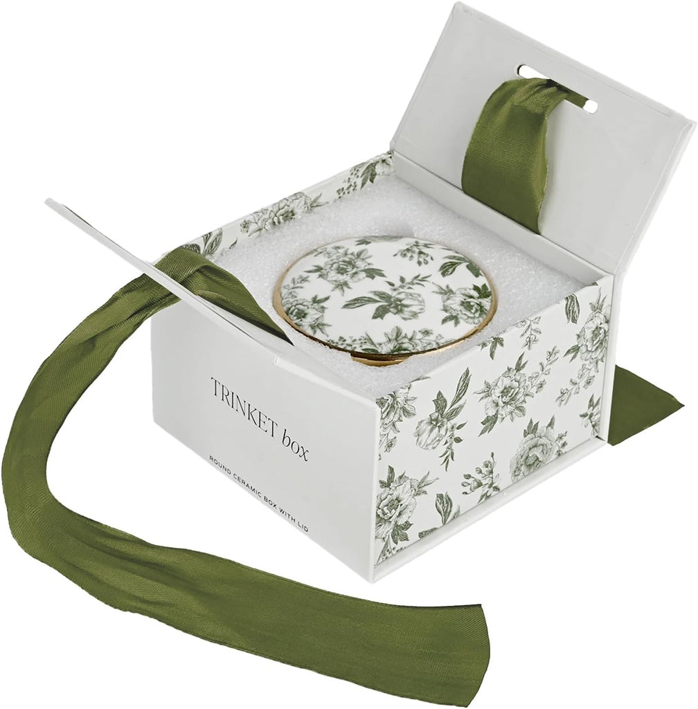 Green Delft Round Trinket Box, Jewelry Storage Counter or Nightstand, Ring Holder for Bridal Shower, Wedding, or