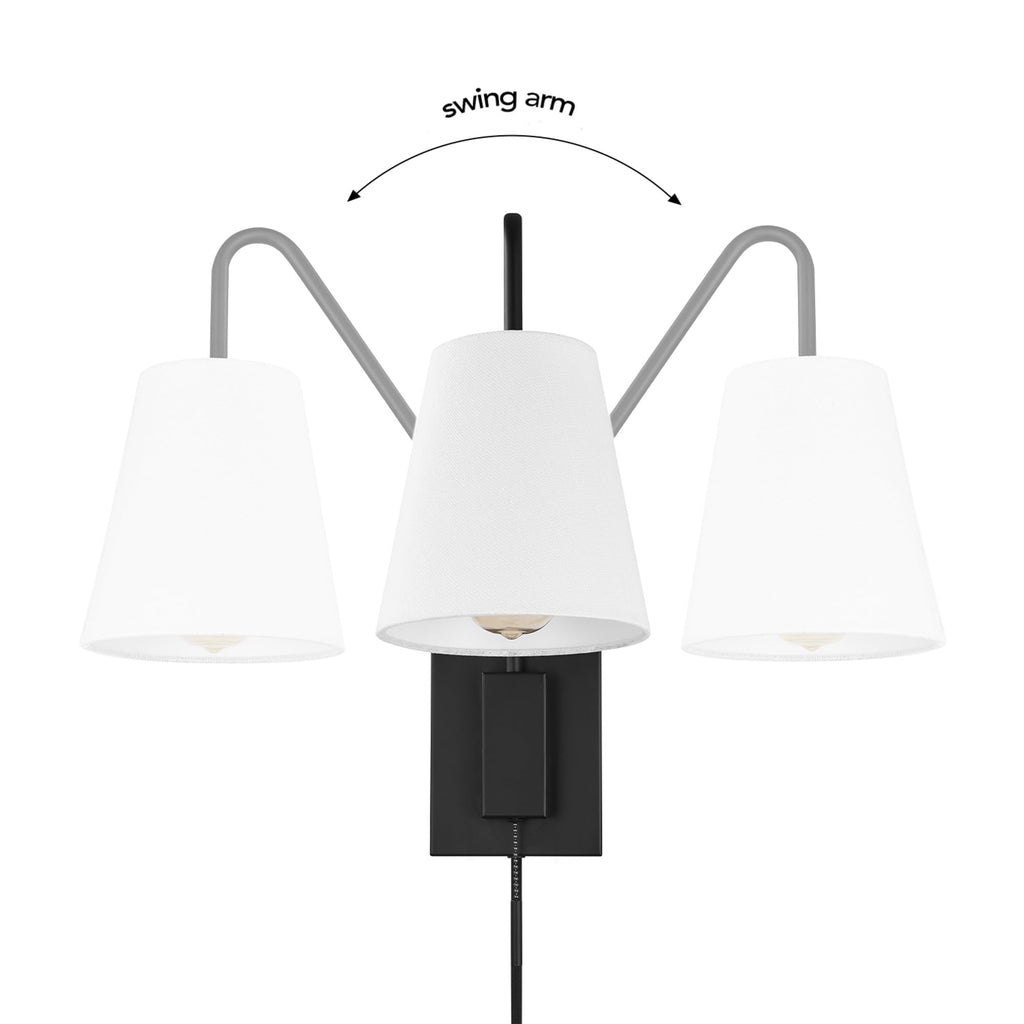Matte Black Swing Arm Plug-in or Hardwire Wall Sconce with White Fabric Shade