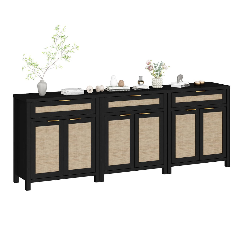 90" Rattan Sideboard Buffet Cabinet, Boho Storage Cabinet, 3PCS