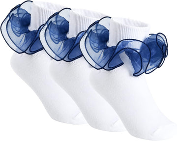 3 Pairs Big Double Lace Frilly Trim Dress Socks