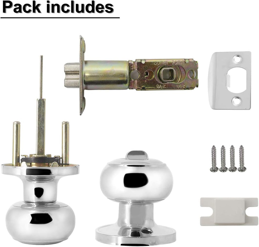 Polished Chrome Door Knobs, Privacy Door Knob Bedroom, Interior Door Knobs with Thumb Turning Locking Button, 6 Pack