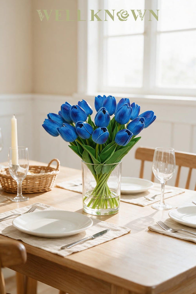 20pcs Royal Blue Fake Tulips in Vase with Faux Water