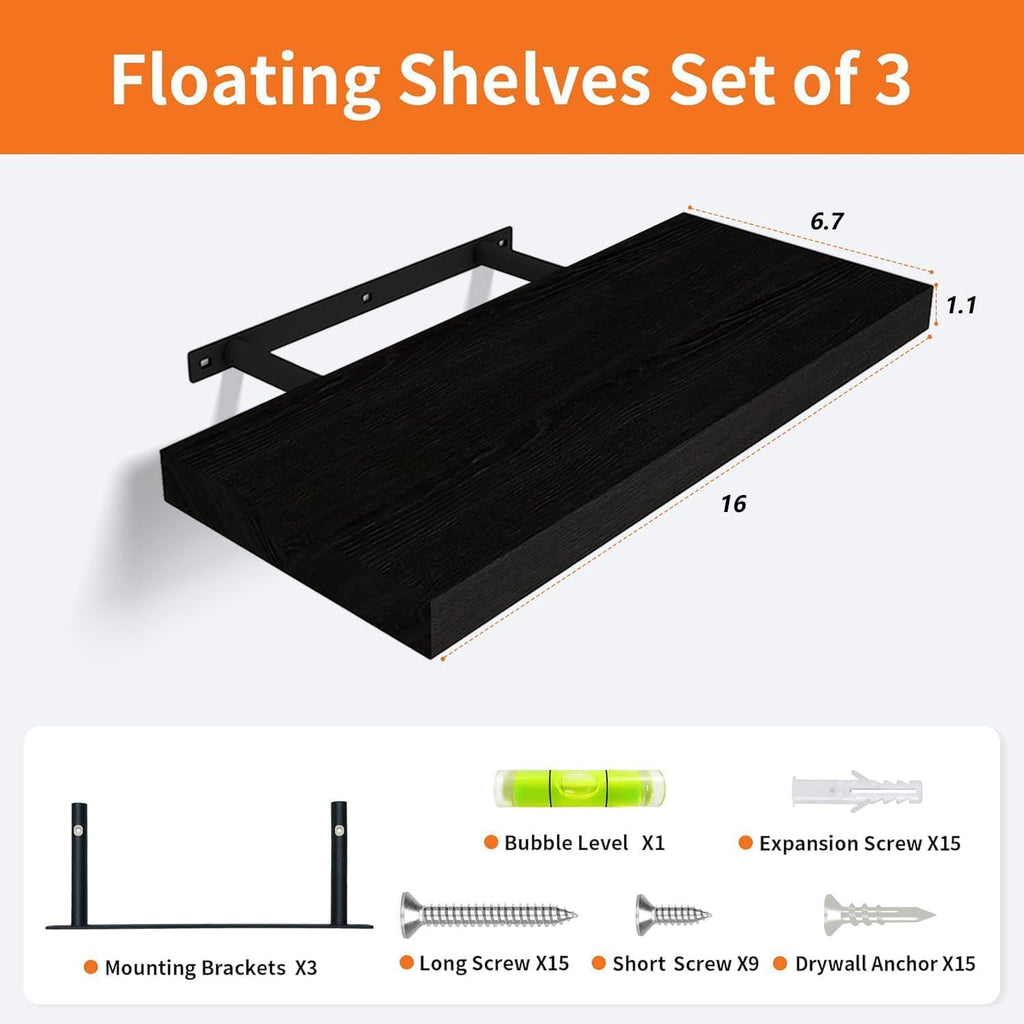 Floating Shelves for Wall Set of 3, 16 Inch Black Floating Shelves Bedroom | Smooth Black Finish, Engineered Wood