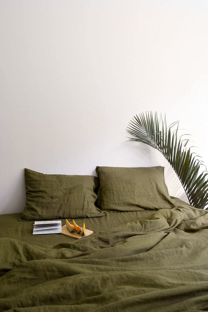 Green Color Cotton Duvet Cover, 3 Pcs Set Stonewashed Cotton Bedding Duvet Cover with Coconut Button