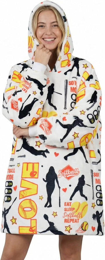 Softball Gifts, Wearable Oversized Blanket Hoodies | Softball Blanket for Women, Flannel Hooded Blankets, One Size