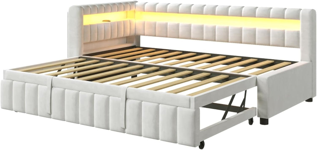 Twin XL to King Size L-Shaped Daybed with Pop-up Trundle, White | Vertical Channel Tufted Upholstered Corner Day Bed