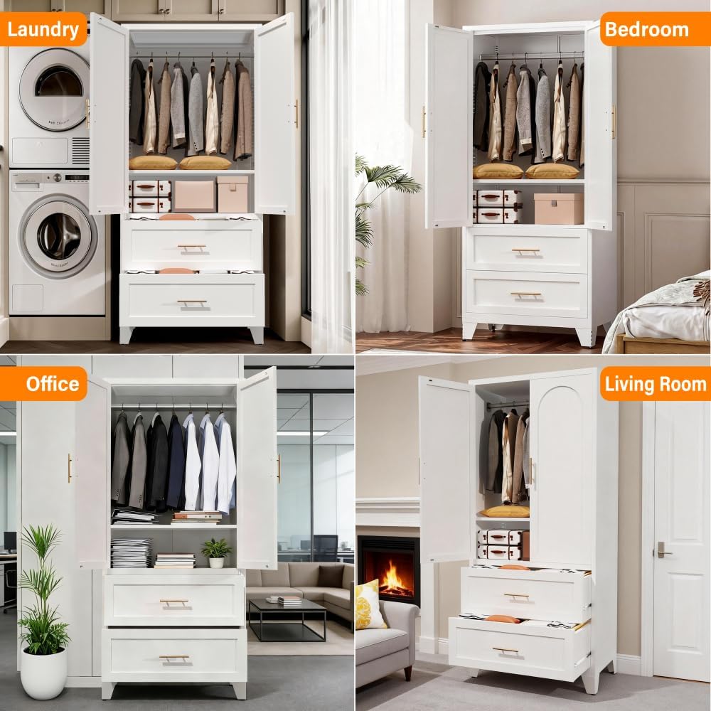 71" Tall Metal Wardrobe Cabinet with 2 Drawers and Hanging Rod, 2 Doors Wardrobe Closet with Shelf (White + Steel)
