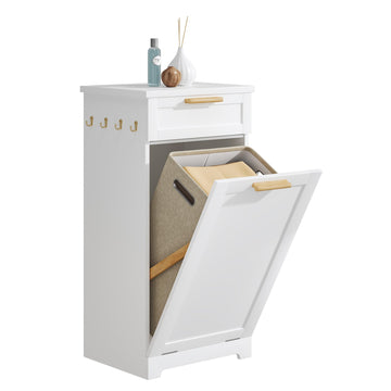 Tilt Out Laundry Hamper, 35" Bathroom Cabinet with Hidden Removable Basket, 1 Drawer and 4 Side Hooks for Storage