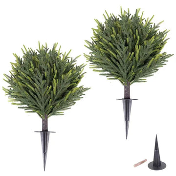 2 Pack 2FT Artificial Norfolk Pine Topiary Trees with Ground Spike, Fake Pine Shrubs Bushes, UV Resistant Faux