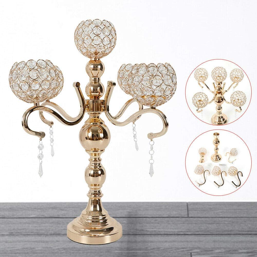 5-Arm Silver Crystal Candelabra Candle Holder Tall Floor Candle Holder with Clear Crystal Pendant Candelabras