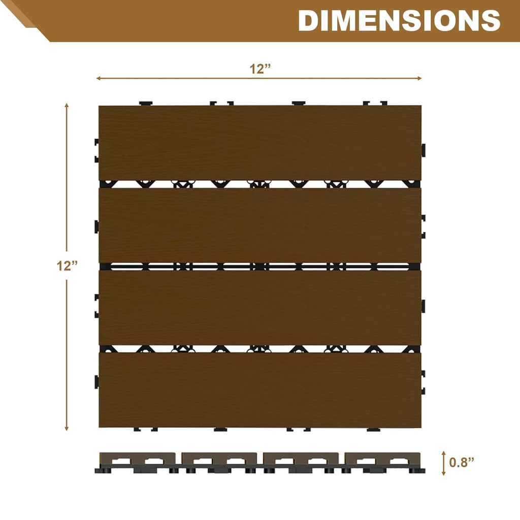 Interlocking Deck Tiles, 10 Pack Outdoor Patio Flooring, 12"x12" Wood Plastic Composite Waterproof Decking Tile, DIY