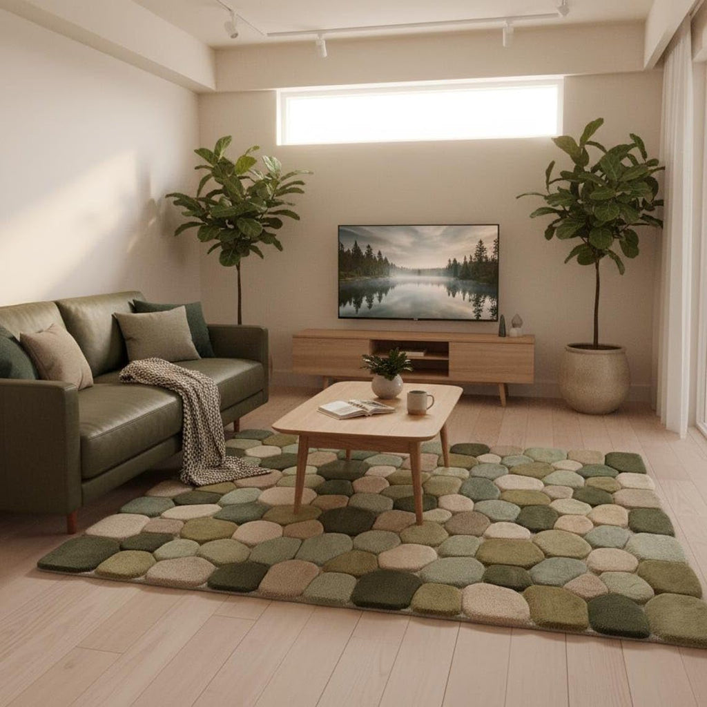 Hand Tufted Wool Area Rug Green Pebble Design Minimalist Style Soft Warm Non Slip Backing Functional & Decorative