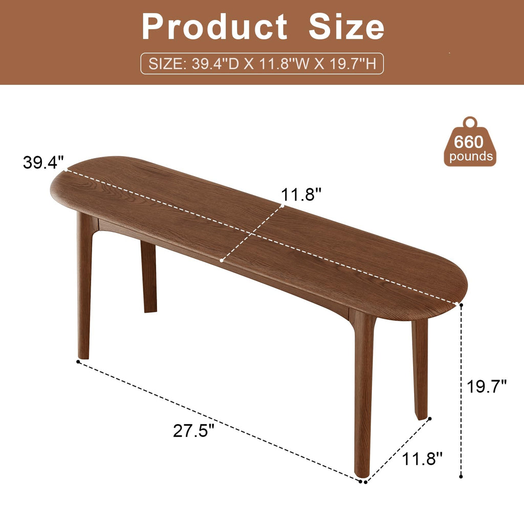 39" Solid Wood Small Dining Bench, Entryway Bench, Walnut