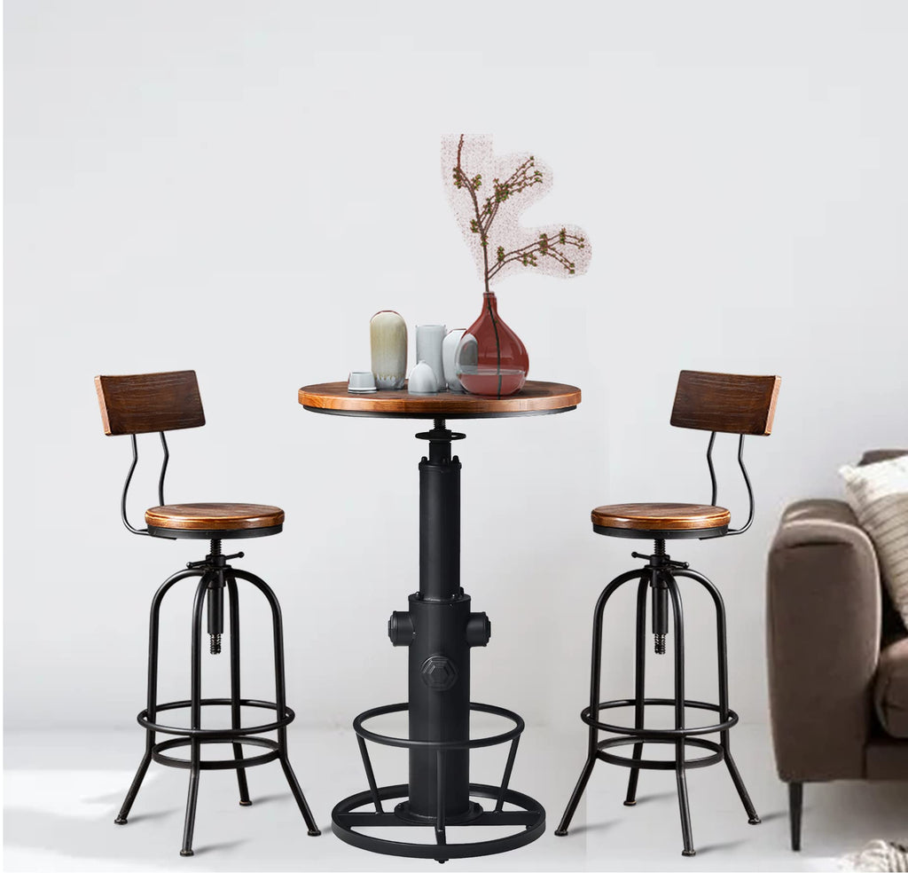 3-Piece Bar Height Table & Stools Sets for Cocktail Bistro Home Pub Party, Weld Metal Legs Round Wood Top, Rustic