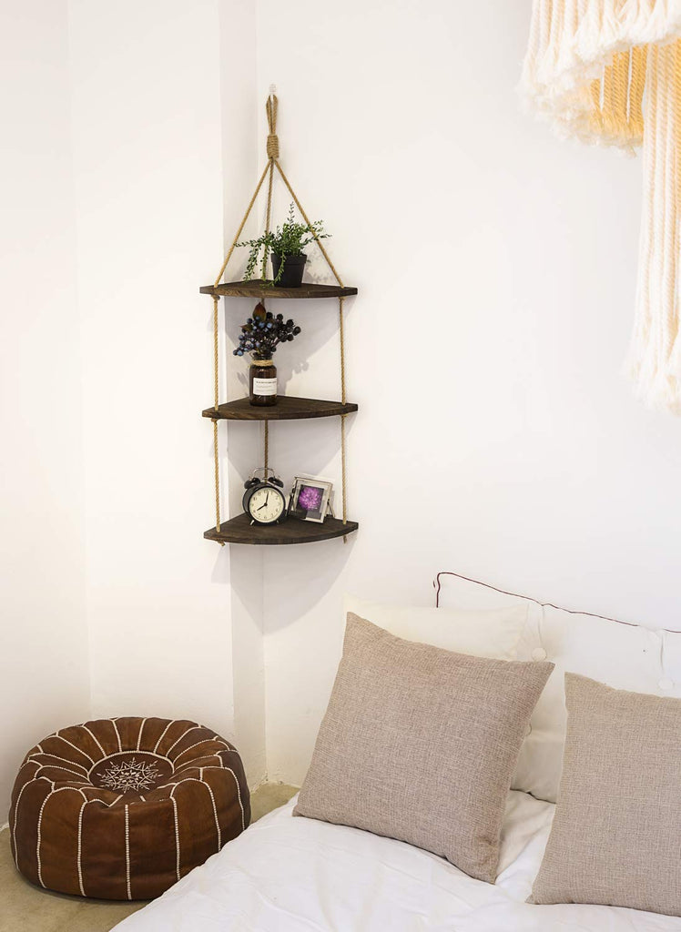 Hanging Corner Shelf 3 Tier Wall Shelf with Jute Rope Wood Floating Shelves Rustic Home Corner Decor Farmhouse