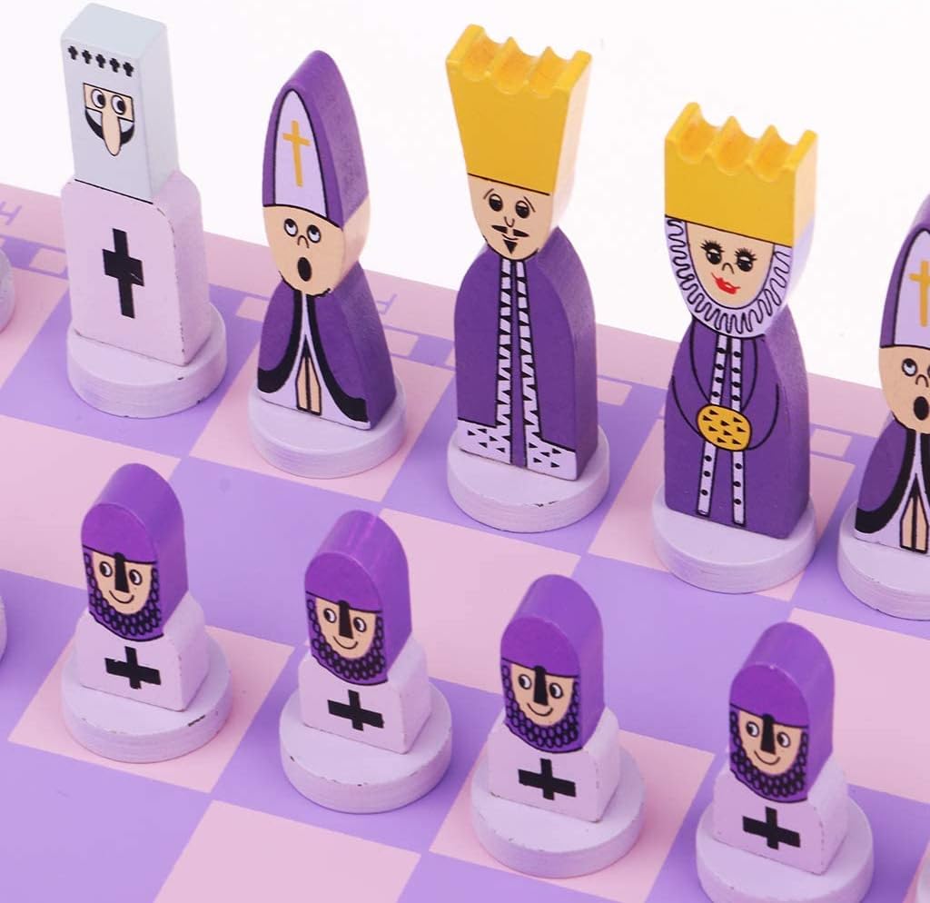 Cartoon Travel Chess Set, Chess Board for Kids & Adults, 11.8" Pink Themed Chess Board, Wooden Cute Board Games, No