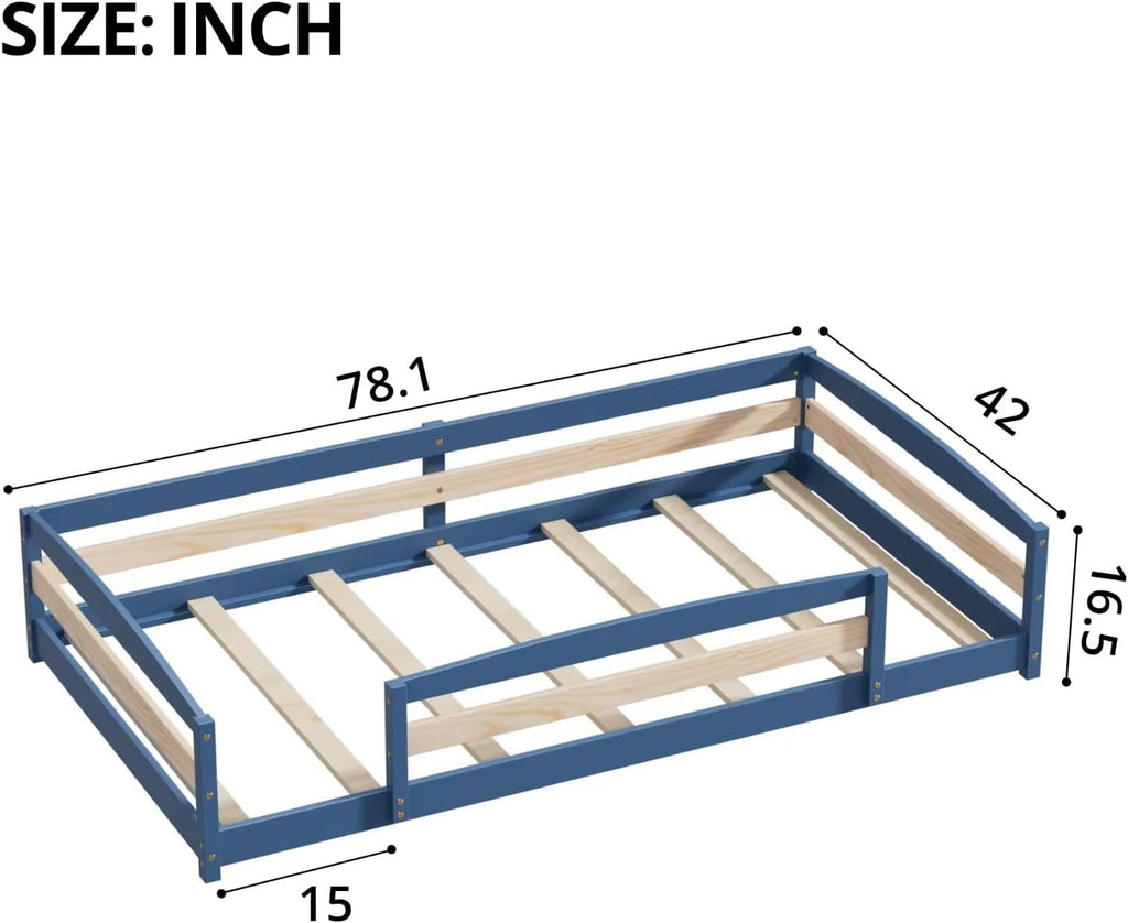 Floor Bed Frame with 2 Openings, Wooden Low Montessori Bed with Safe Guardrails for Boys Girls, Mist Blue