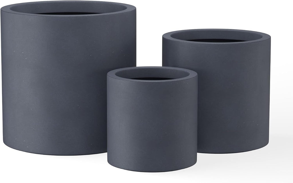 Set of 3 Charcoal Concrete Cylinder Planters 15.8" 12.9" 15.8" Dia | Drainage for Outdoor, Rubber Plug for Indoor