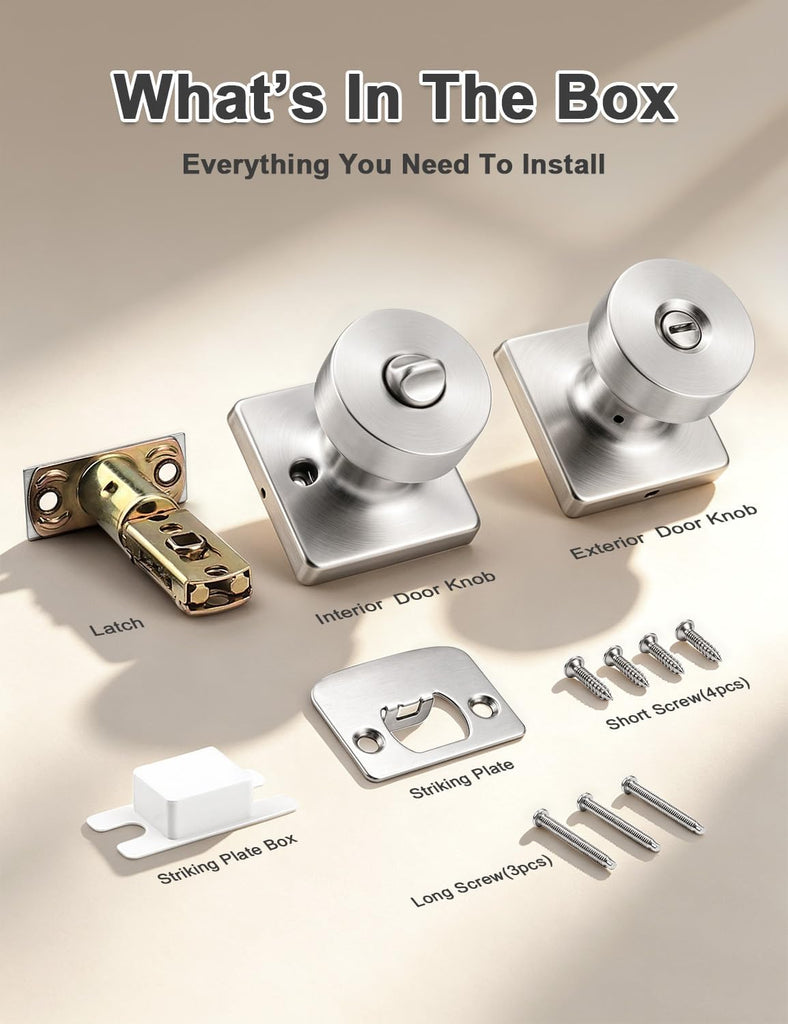 Privacy Door Knobs Interior 6 Pack, Satin Nickel Door Knob with Lock Inside, Keyless Bedroom and Bathroom Locking