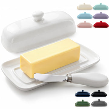 Ceramic Butter Dish with Lid For Countertop & Stainless Steel Knife - Keeps Butter Soft & Fresh - White Butter Dish